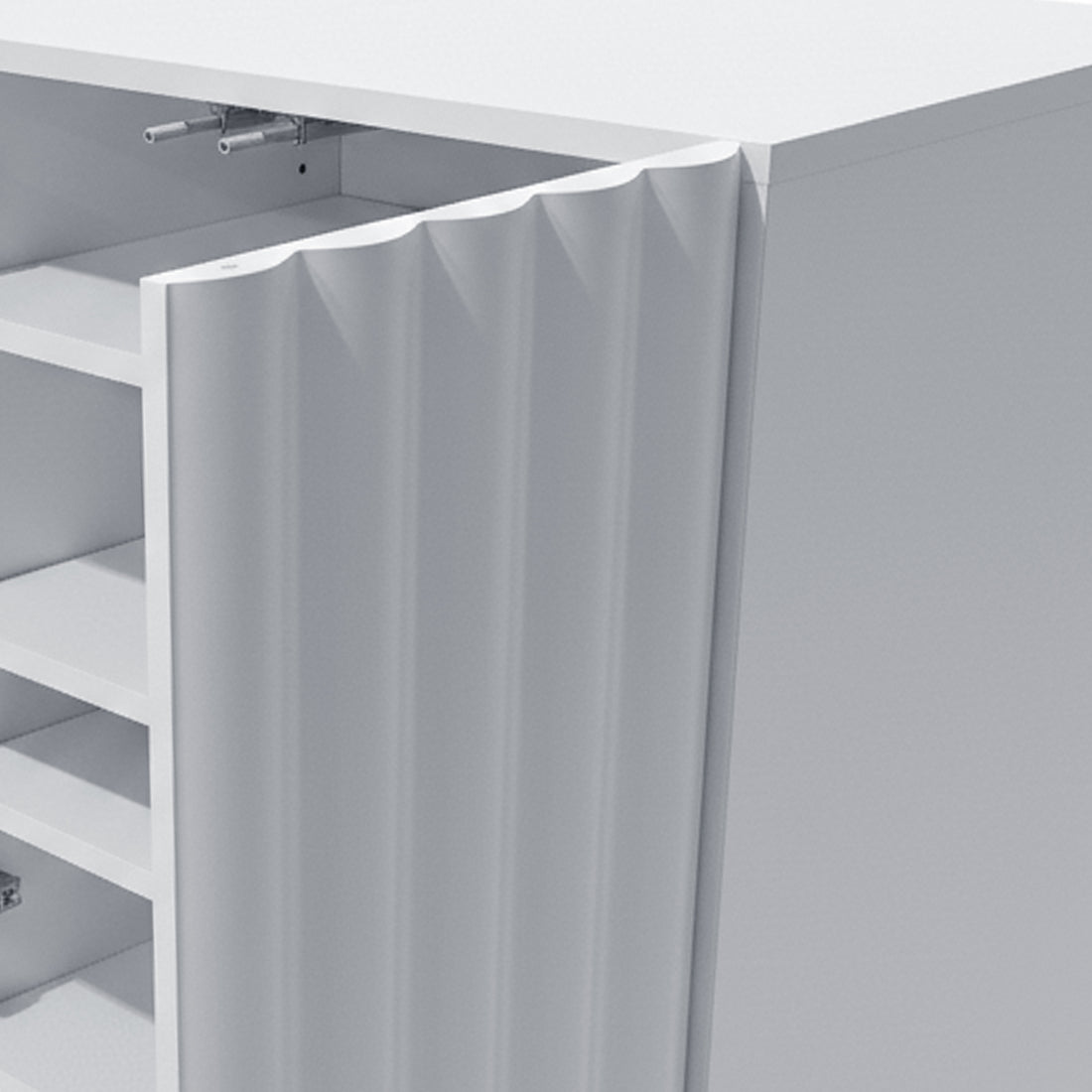 Close-up of white cabinet door with ribbed texture and interior shelving