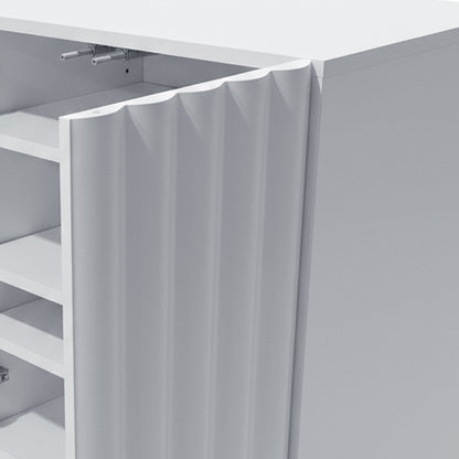 Close-up of white cabinet door with ribbed texture and interior shelving