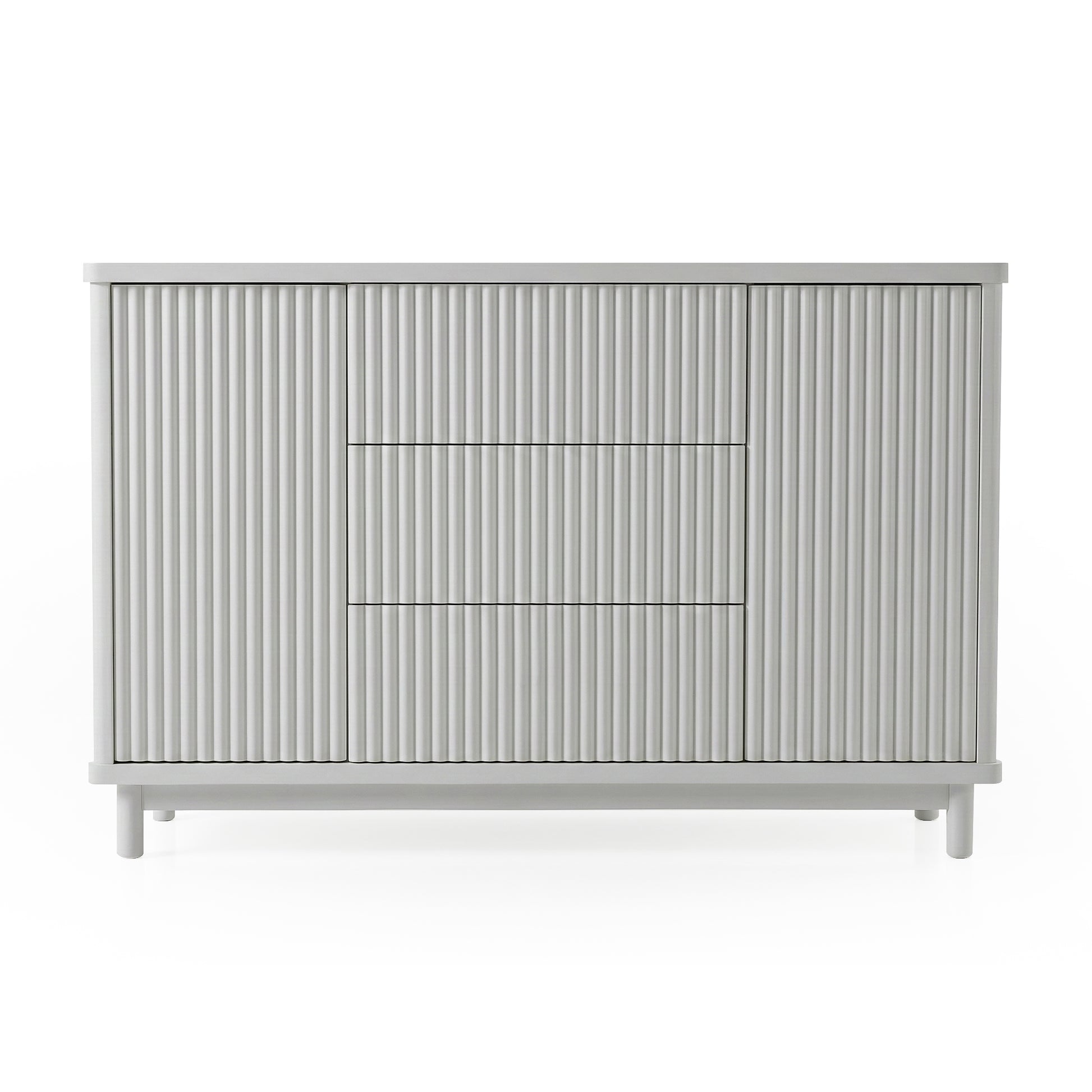 Minimalist cabinet with ribbed doors on white background