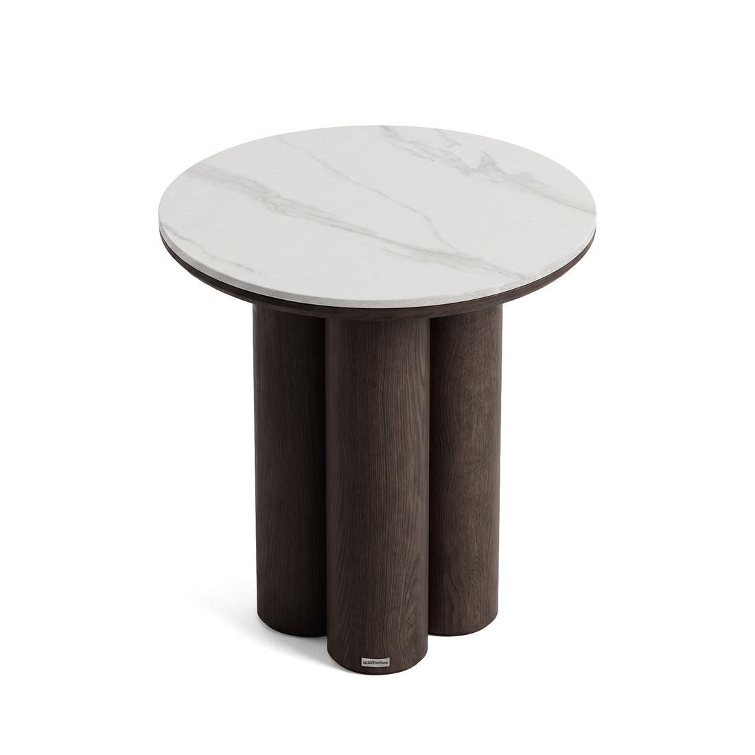 Round side table with white marble-patterned top and four dark cylindrical legs on a white background