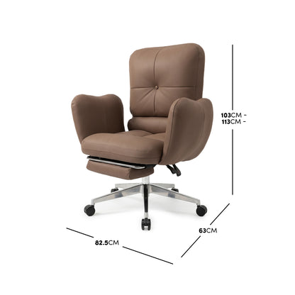 Brown modern office chair on a white background with height, width, and depth measurements displayed
