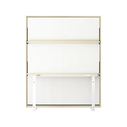 Logan Queen Murphy Bed & Cybele Mattress in White Natural, showcasing a minimalist design with a wall-mounted folding desk, integrated shelf, and pull-down surface supported by sleek white metal legs.