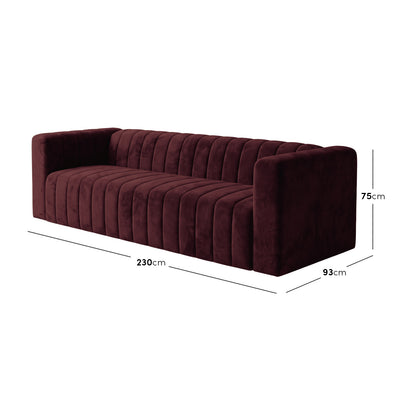 Dark Merlot sofa on white background with labeled dimensions
