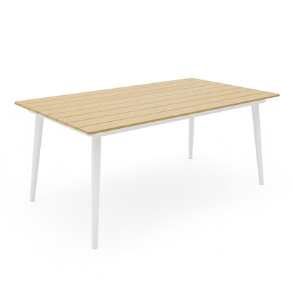 Casara 7 Piece Outdoor Dining Set features a modern rectangular table with a slatted light-wood top and tapered white metal legs, ideal for relaxed outdoor dining with six supportive chairs.