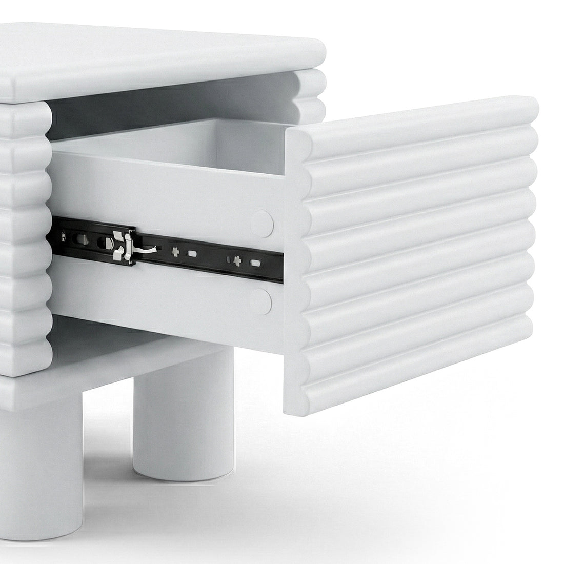 White side table with ribbed texture and open drawer showing interior on white background