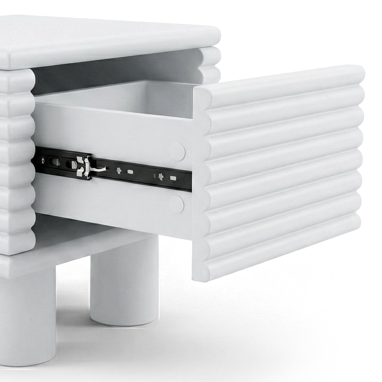 White side table with ribbed texture and open drawer showing interior on white background