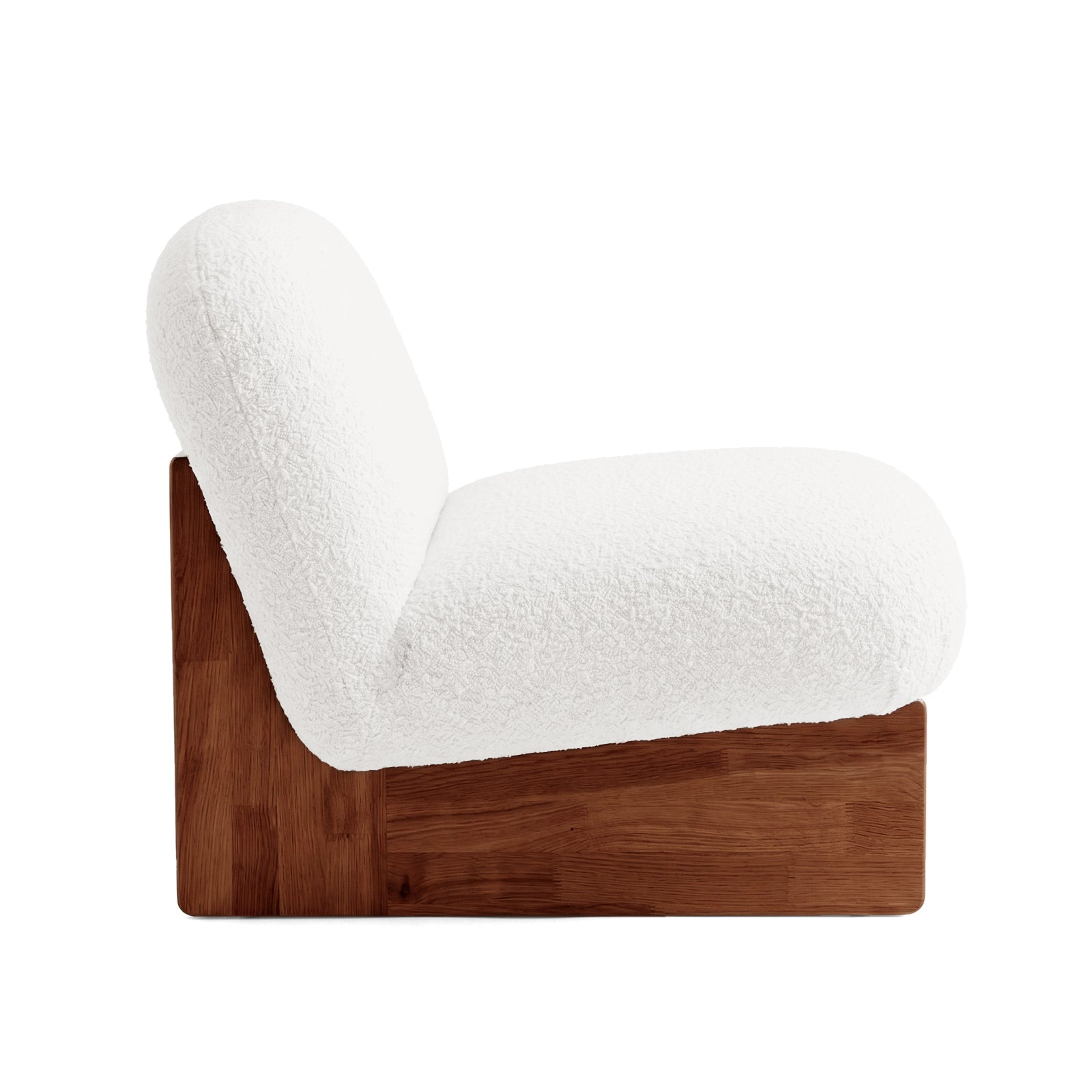 Side profile of lounge chair on white background.
