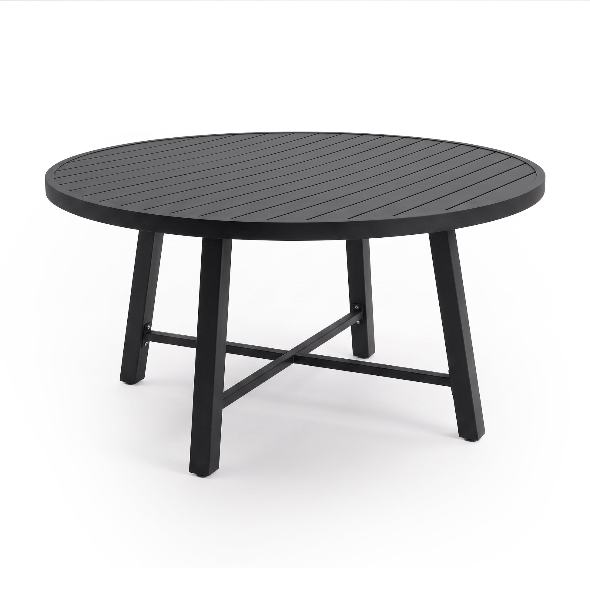 Round black table with slatted top on white background