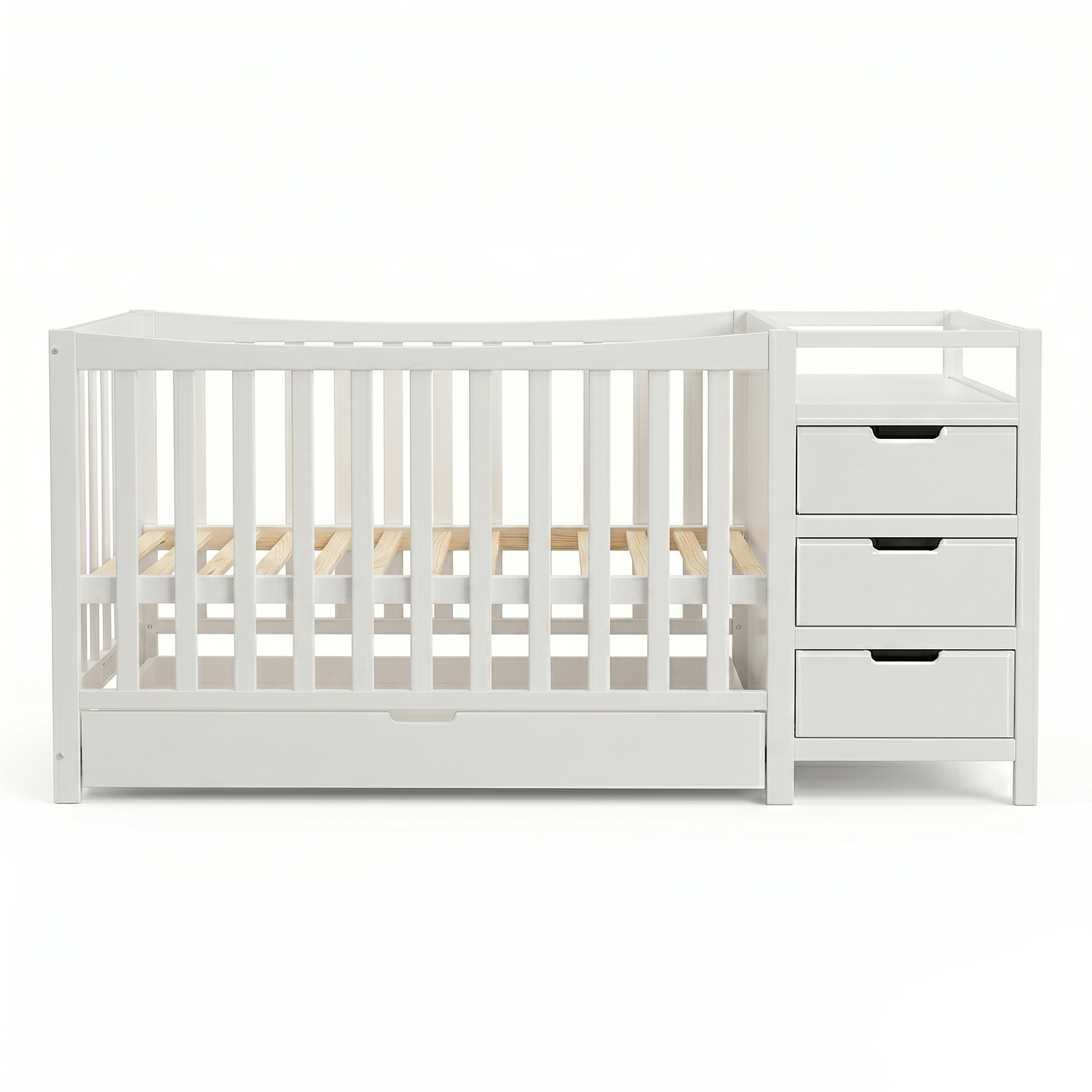 White baby crib with integrated storage drawers on a white background