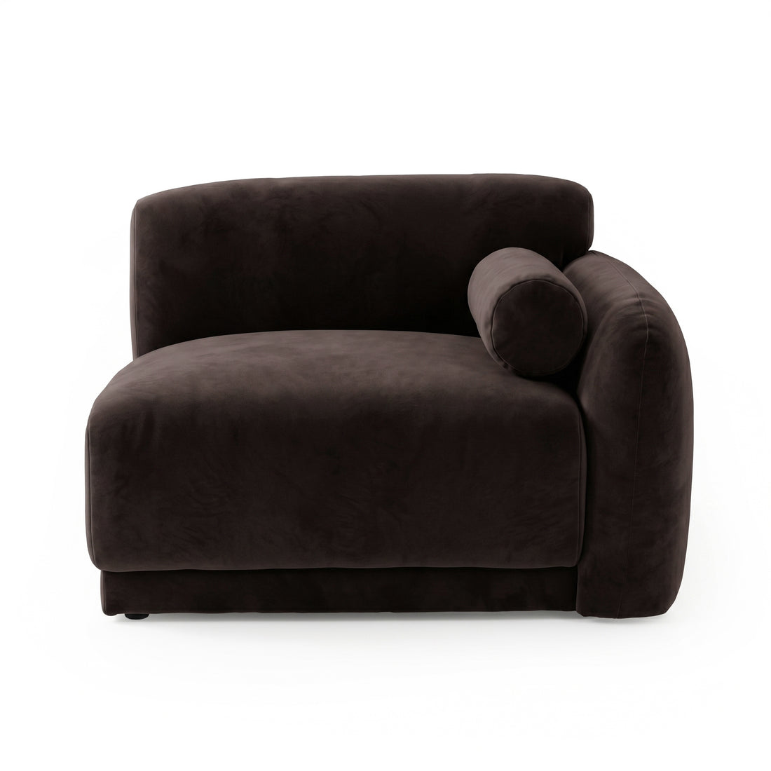 Deep brown oversized armless chair with bolster pillow on white background