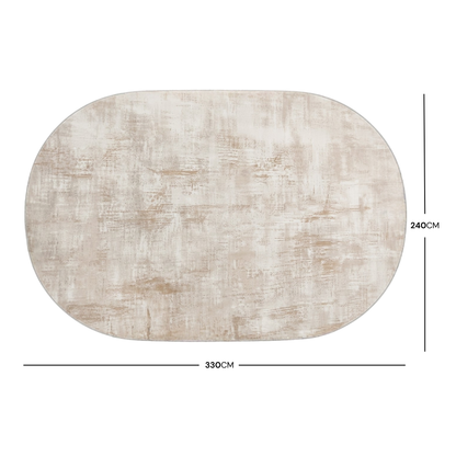 Full oval rug on white background with 240cm by 330cm dimension markings