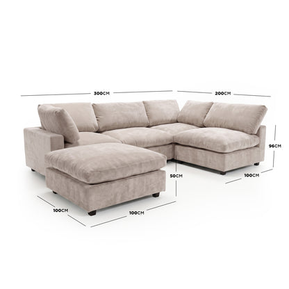 Light beige L-shaped sectional sofa with dimensions labeled on a white background