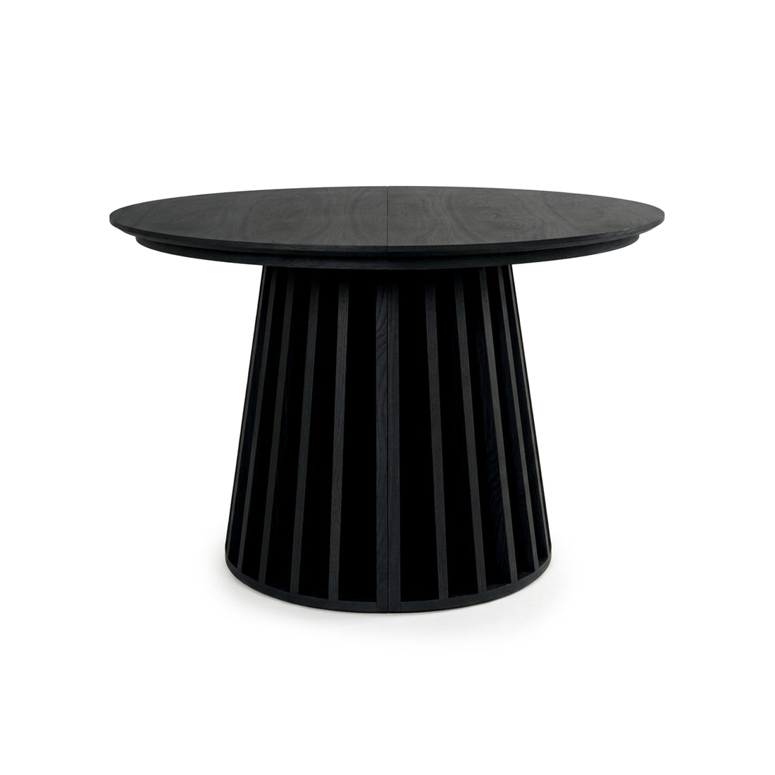 Black round table with slatted base on white background