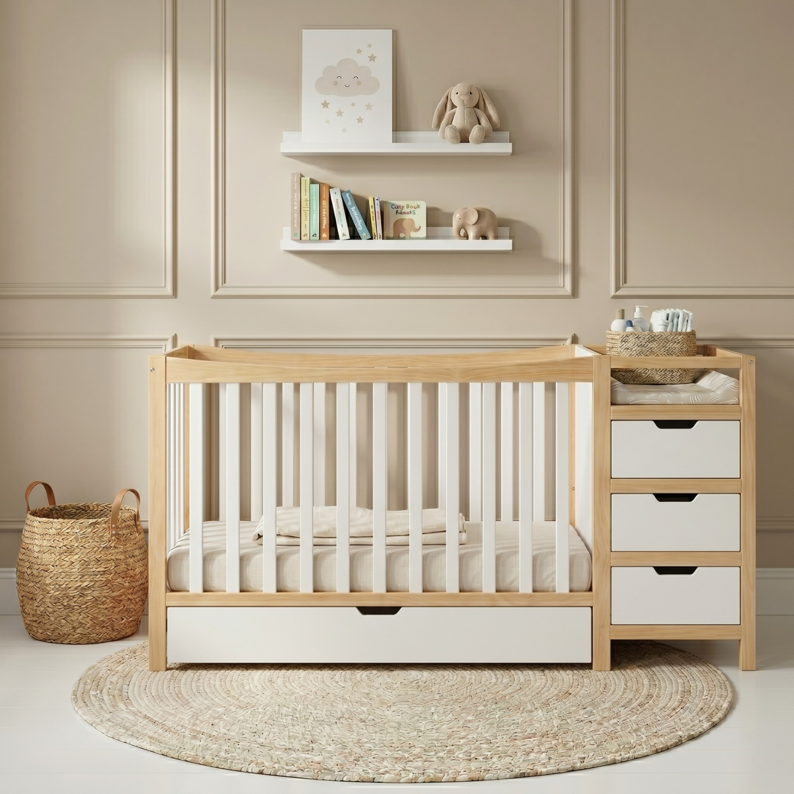 Baby crib with attached changing table in a styled nursery room