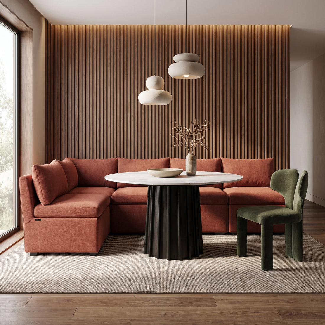 Rust sectional sofa in a modern dining and living room