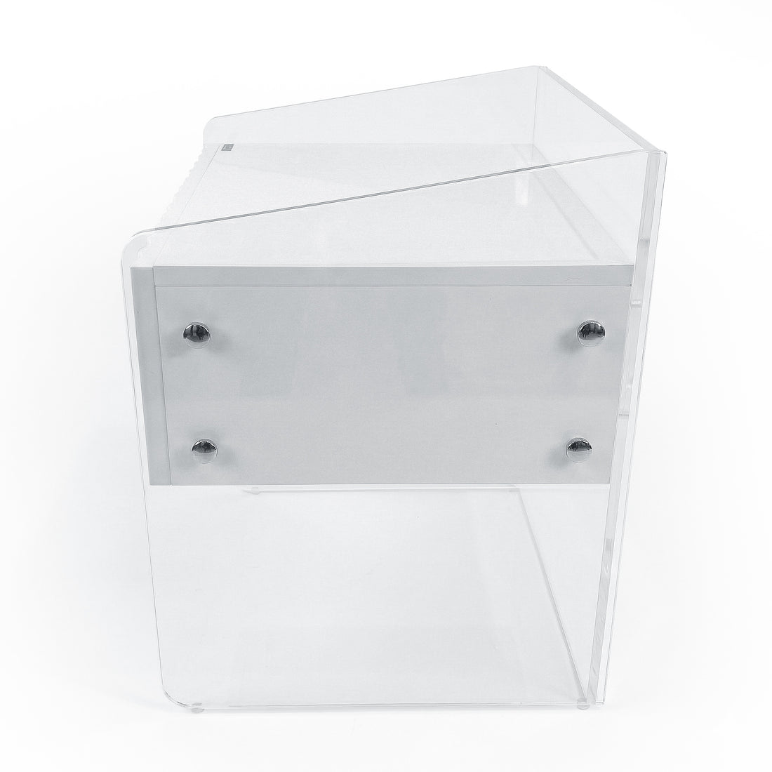 Clear acrylic furniture piece with internal drawer on white background