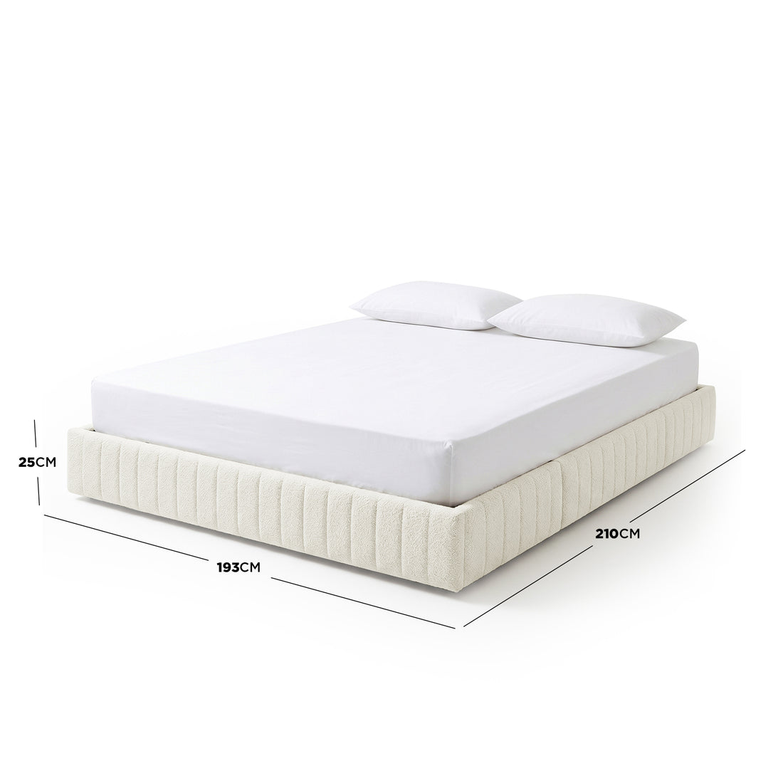 Upholstered bed with pillows and base dimensions on white background