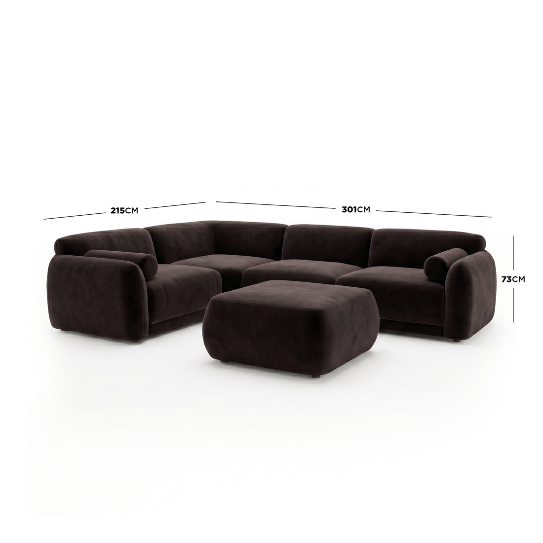 Dark brown L-shaped sectional sofa with ottoman showing dimensions on white background