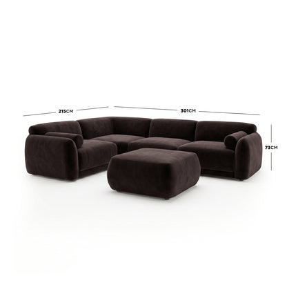 Dark brown L-shaped sectional sofa with ottoman showing dimensions on white background