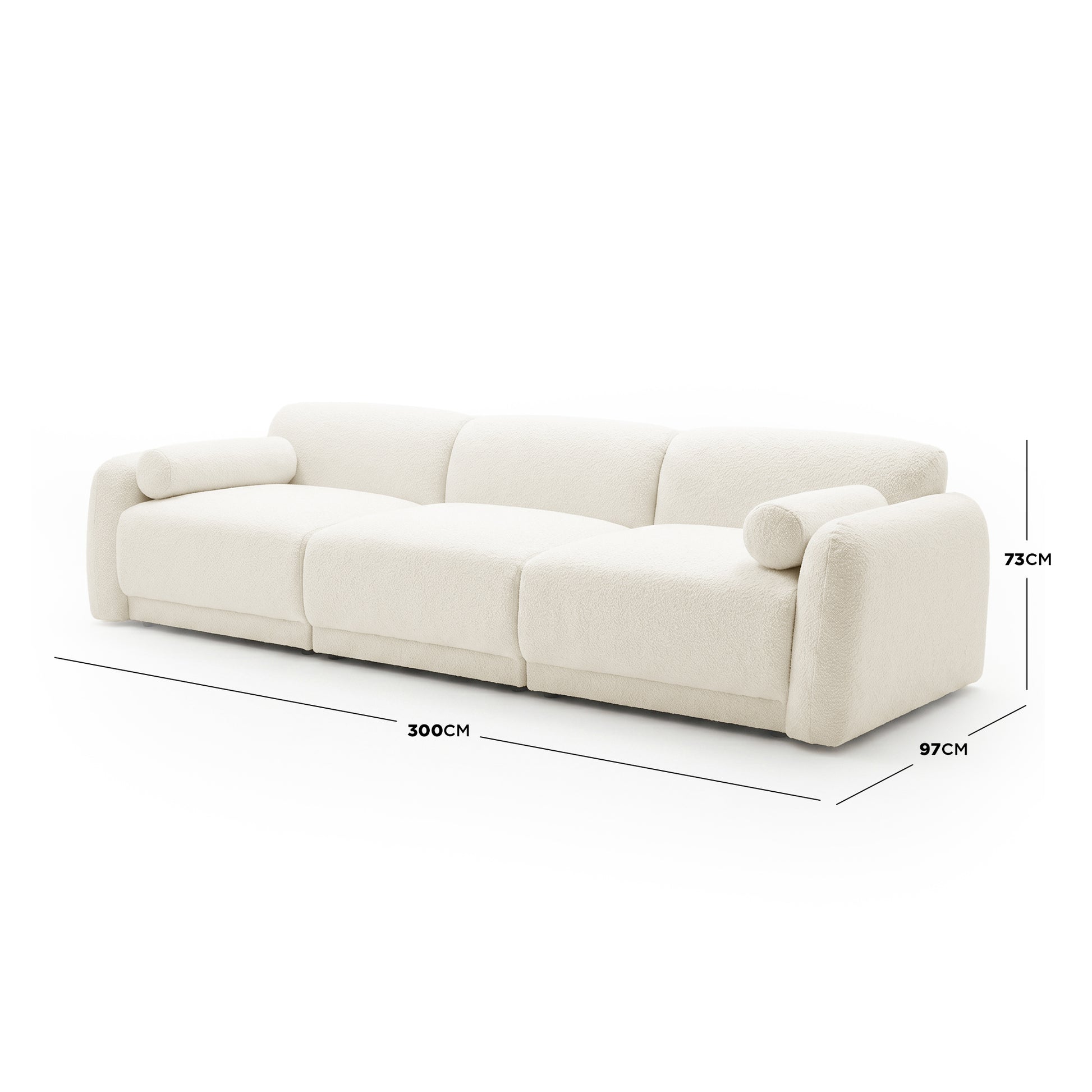 Three-seater sofa with dimension lines on white background