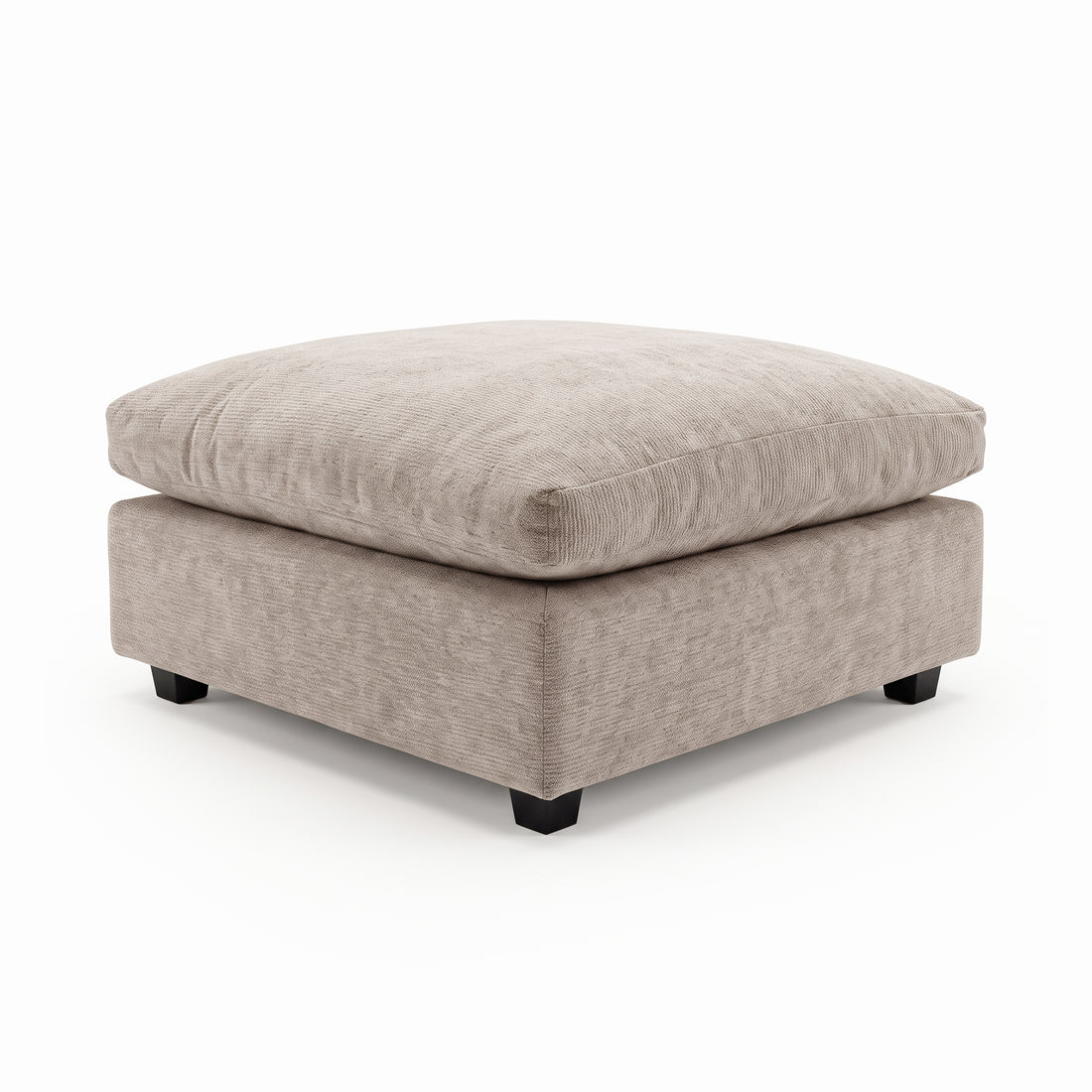 Beige upholstered ottoman with black legs on a white background
