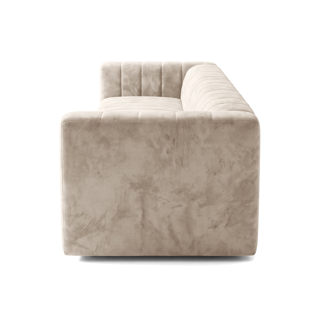 Side view of a beige upholstered sofa on a white background