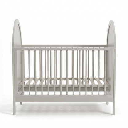 Modern light gray wooden crib front view on white background