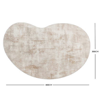 Kidney-shaped rug or mat on white background with 400 cm by 300 cm dimensions shown