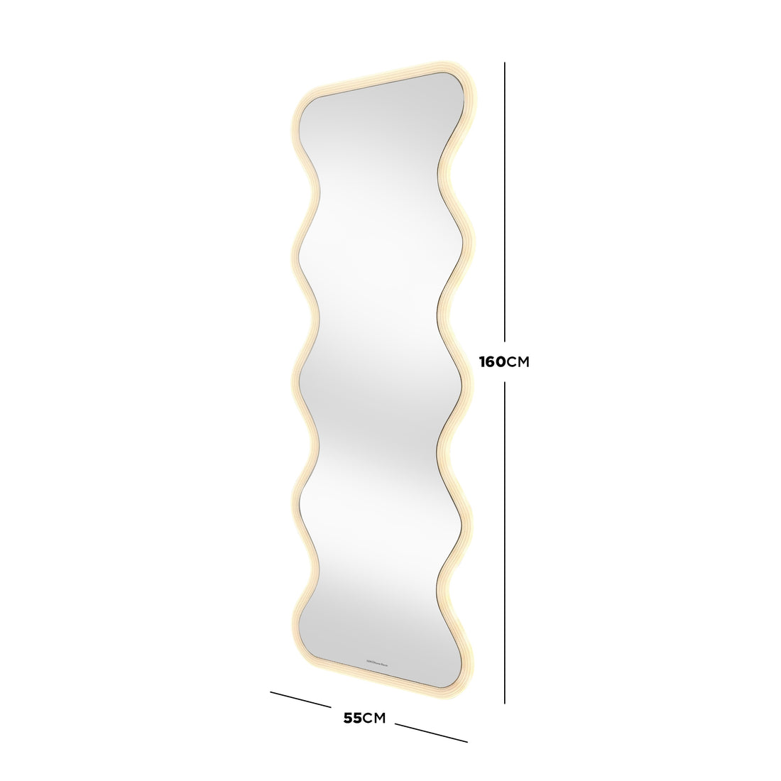 Full-length wavy-edge LED mirror with dimensions 160 cm x 55 cm on white background