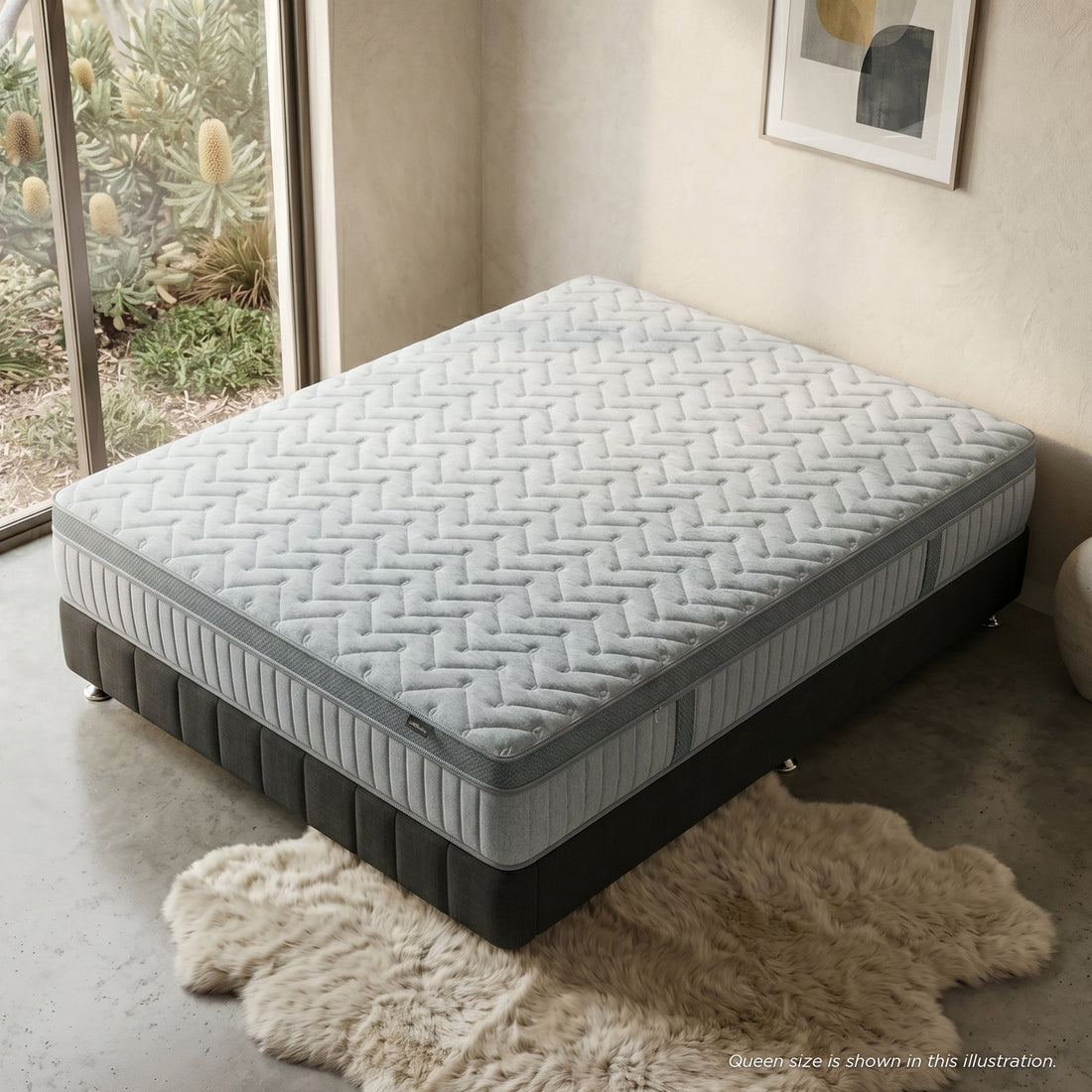 Queen mattress displayed in a modern bedroom setting