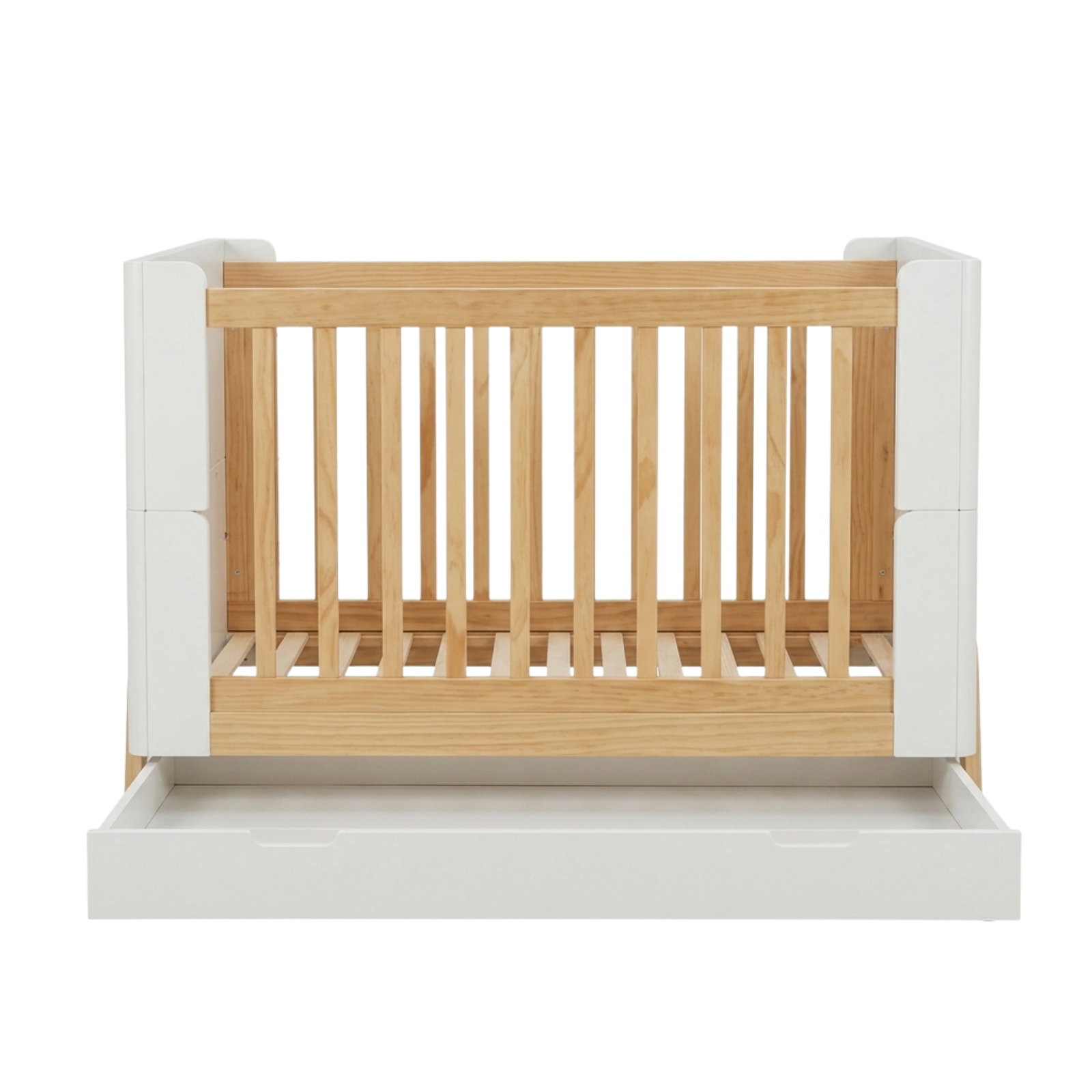 Baby crib with white panels and wood slats on white background