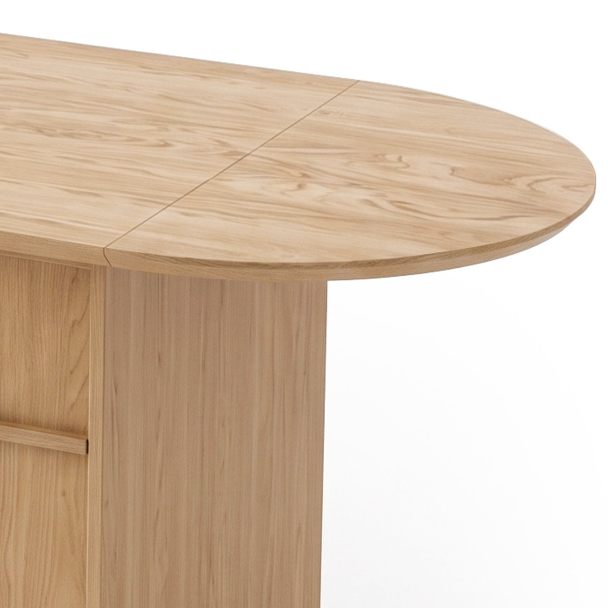 Close-up of a light wood table showing part of the tabletop and base on white background