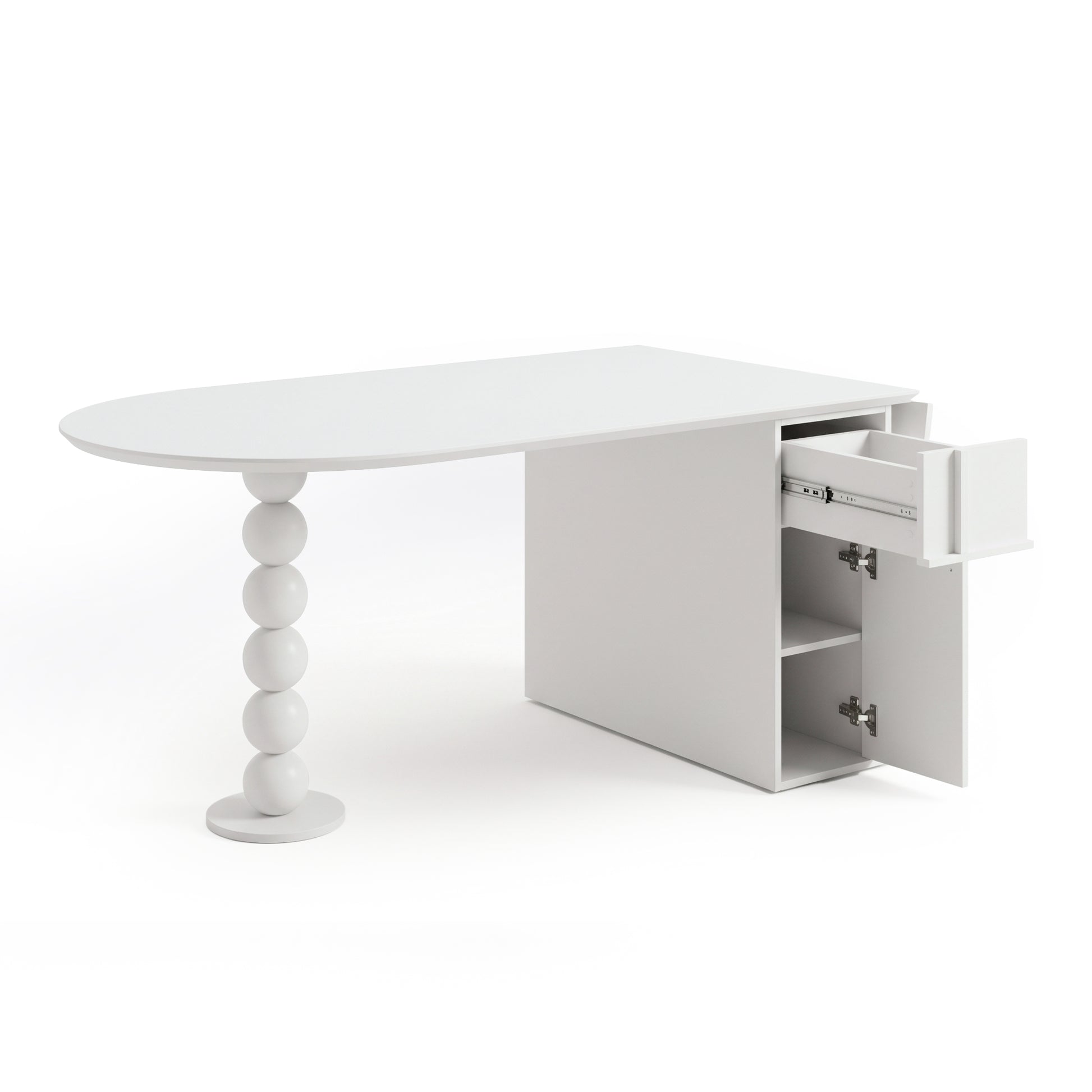 White modern desk with oval top, sphere leg, and storage cabinet on a white background