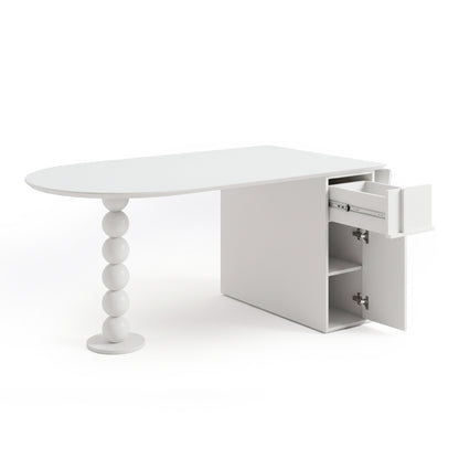 White modern desk with oval top, sphere leg, and storage cabinet on a white background