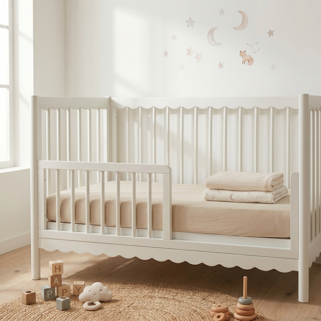 White crib in a styled nursery with wall decals, toys, and natural light
