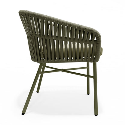 Marula Rope Outdoor Dining Chairs in Green Set of 4 with a tubular metal frame, open-weave rope design, and cushioned seat pad, perfect for stylish and comfortable outdoor dining.