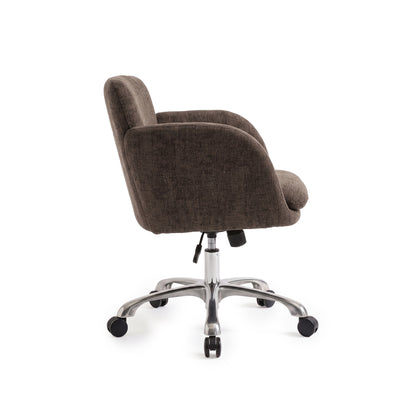 Side-angle view of a brown upholstered office chair on white background