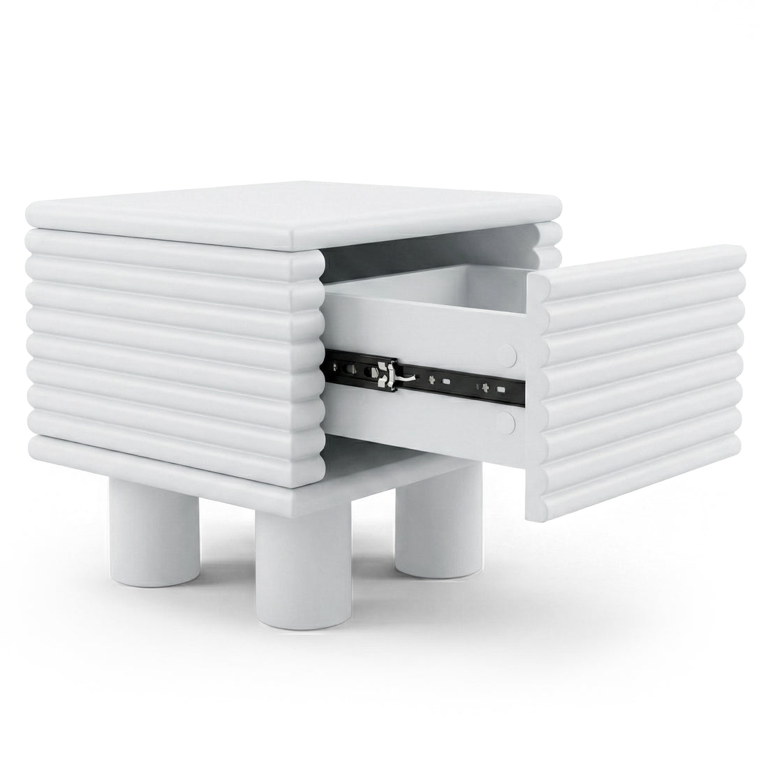 White side table with ribbed exterior and partially open drawer on white background