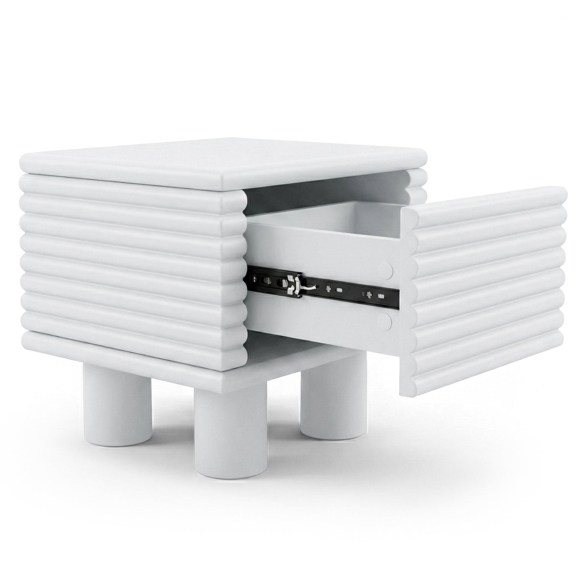 White side table with ribbed exterior and partially open drawer on white background