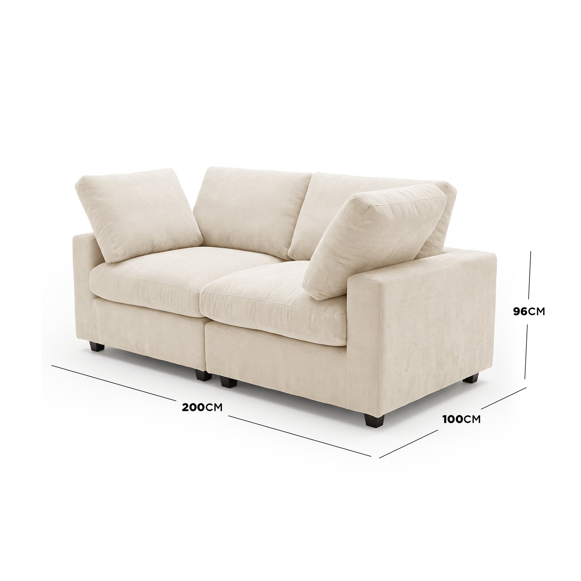 Beige two-seater sofa with dimensions shown on a white background