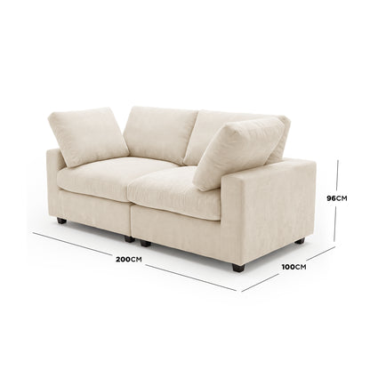 Beige two-seater sofa with dimensions shown on a white background