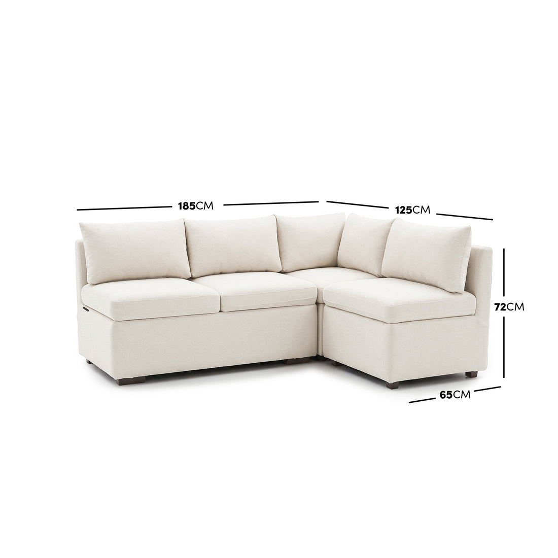 Cream L-shaped sectional sofa with dimension measurements on a white background