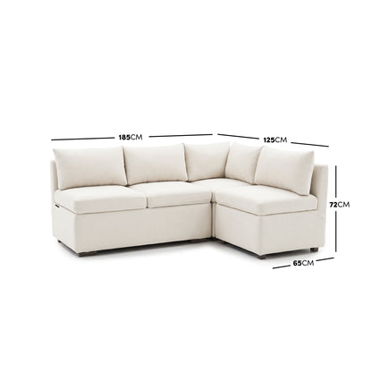 Cream L-shaped sectional sofa with dimension measurements on a white background