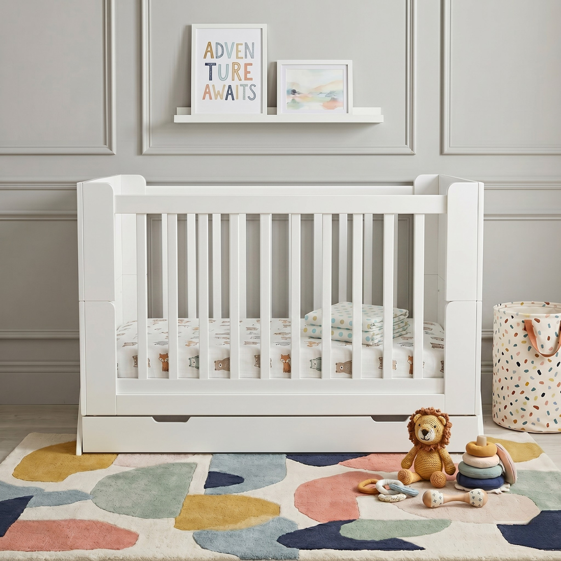Modern white crib in decorated nursery with patterned bedding, floating shelf and toys