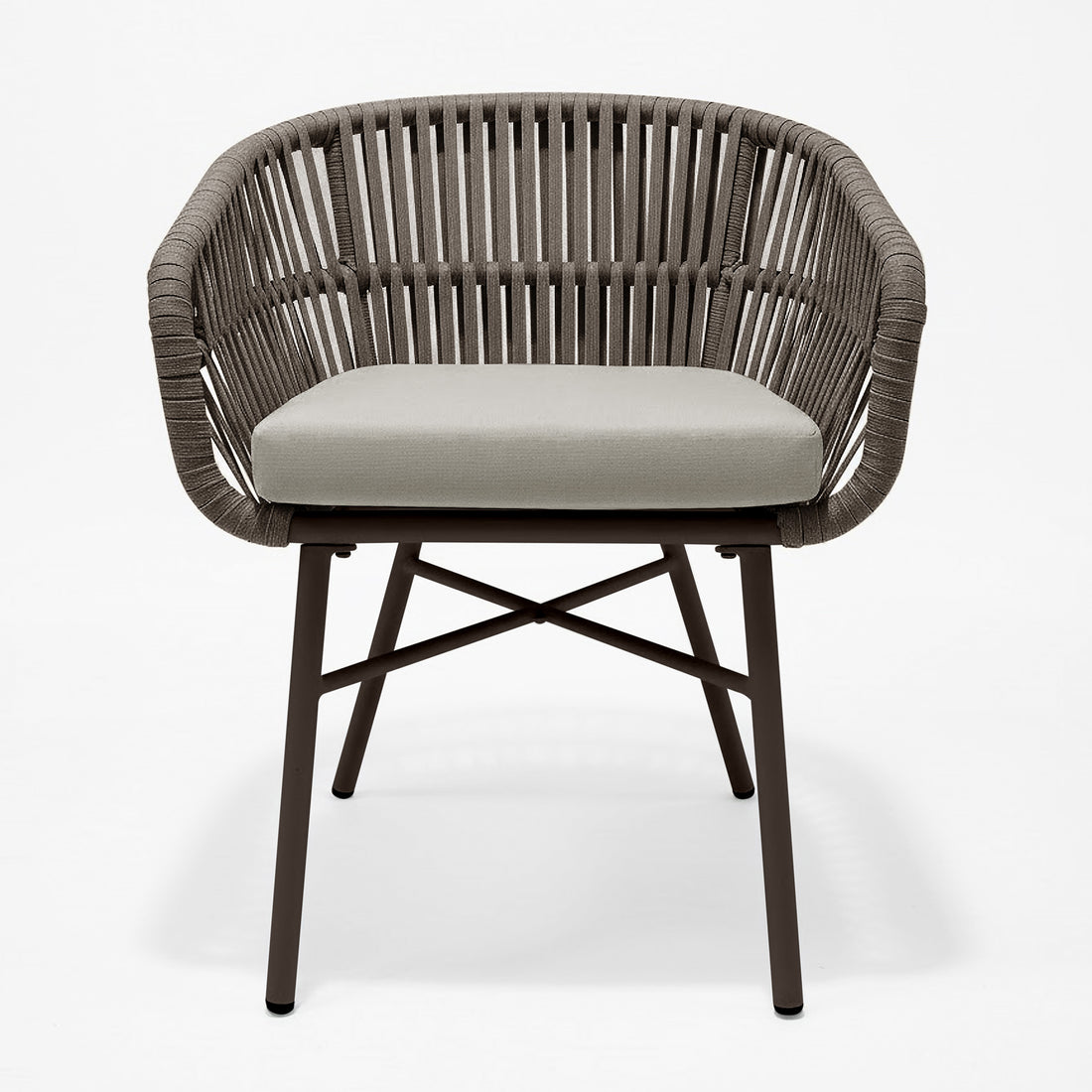 Marula Rope Outdoor Dining Chairs in Brown Set of 4, featuring a modern design with a rounded open-weave rope back, light seat cushions, and slender metal legs, perfect for stylish outdoor dining.
