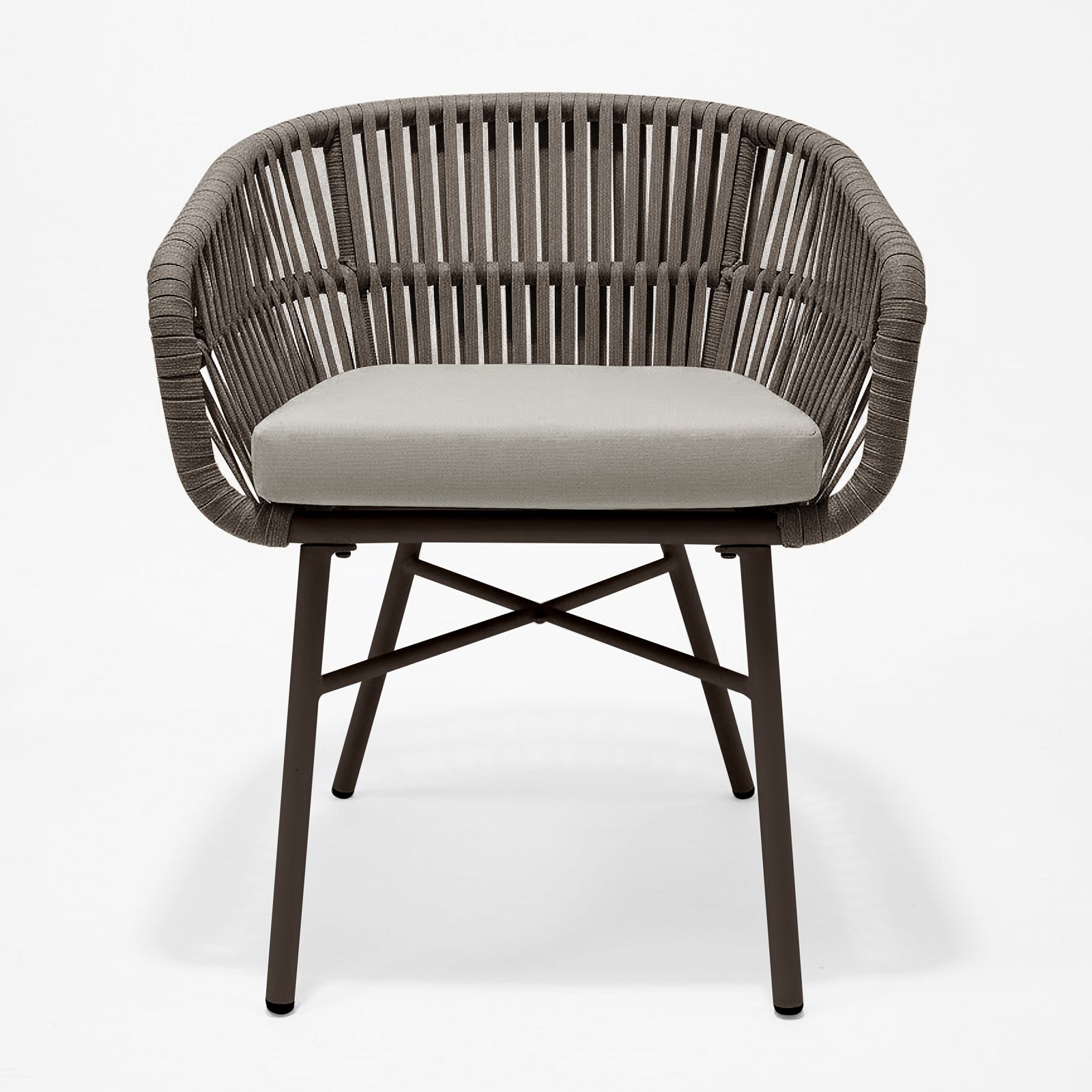Marula Rope Outdoor Dining Chairs in Brown Set of 4, featuring a modern design with a rounded open-weave rope back, light seat cushions, and slender metal legs, perfect for stylish outdoor dining.