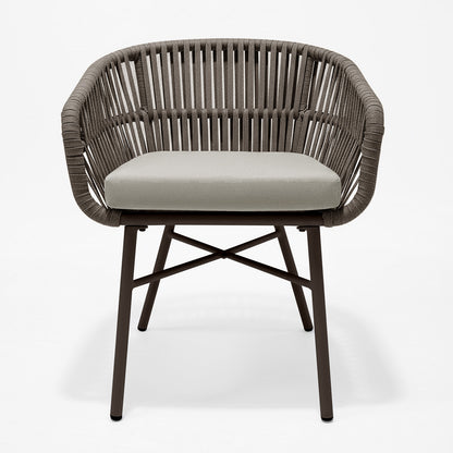 Marula Rope Outdoor Dining Chairs in Brown Set of 4, featuring a modern design with a rounded open-weave rope back, light seat cushions, and slender metal legs, perfect for stylish outdoor dining.