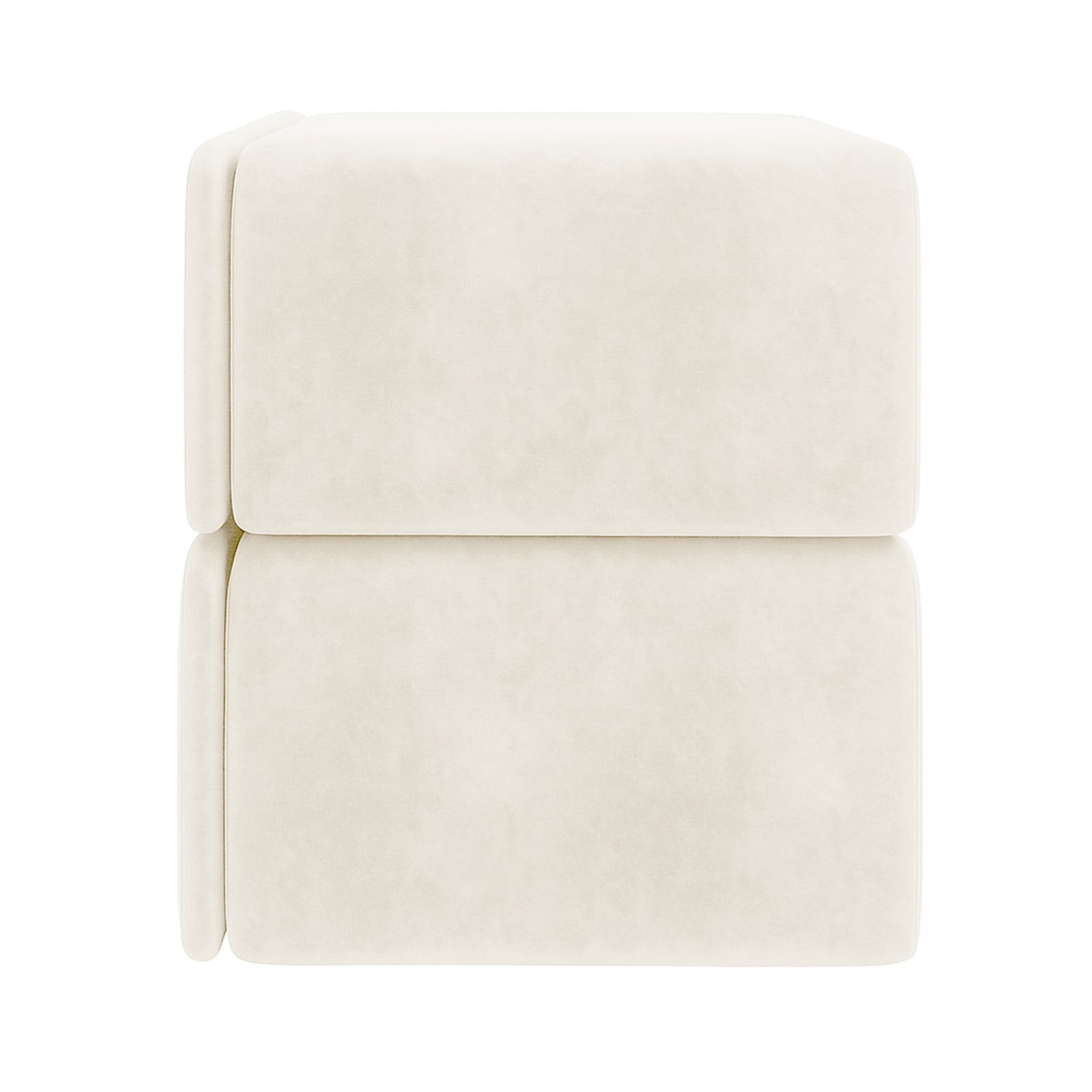 Luxo Tyla Modern Velvet Bedside Table Beige, featuring two stacked, cream-colored, rectangular upholstered blocks with rounded edges, showcasing its smooth fabric and modular design against a white background.