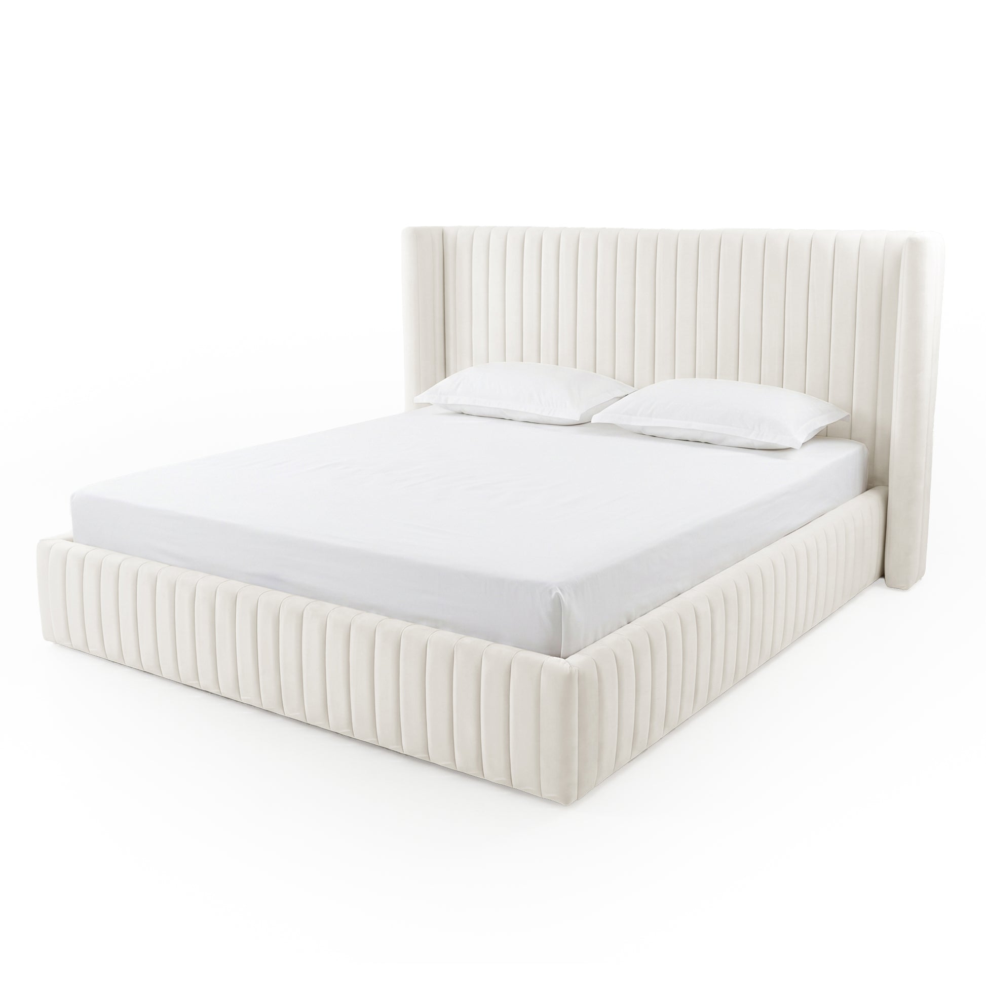 Cream upholstered king-size bed on white background