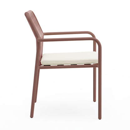 Evone 4 Seater Stone Outdoor Dining Table Set in Terracotta features a sleek metal frame with woven backrests and cream cushions, ideal for stylish, compact outdoor dining.